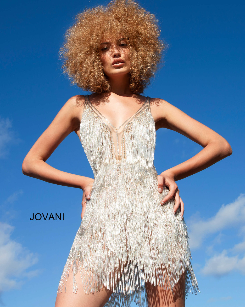 Jovani 4001 V Neck Silver Fringe ...